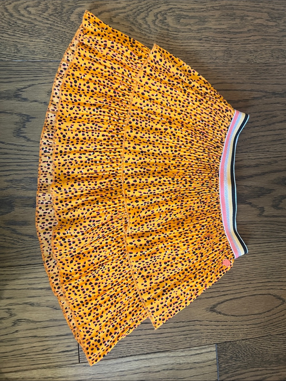 Girls' Orange Leopard Print Pleated Skirt with Striped Elastic Waist